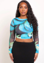 Women summer/fall round-neck floral print mesh crop top T-shirt Women summer/fall round-neck floral print mesh crop top T-shirt