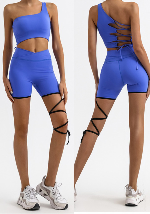 Women Fitness One-Shoulder Tank Yoga Top with Quick-Dry Lace-Up Shorts Two-Piece Set
