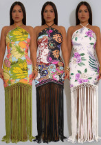 Women Halter Neck Printed Backless Sleeveless Tassel Dress