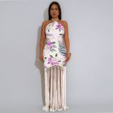 Women Halter Neck Printed Backless Sleeveless Tassel Dress