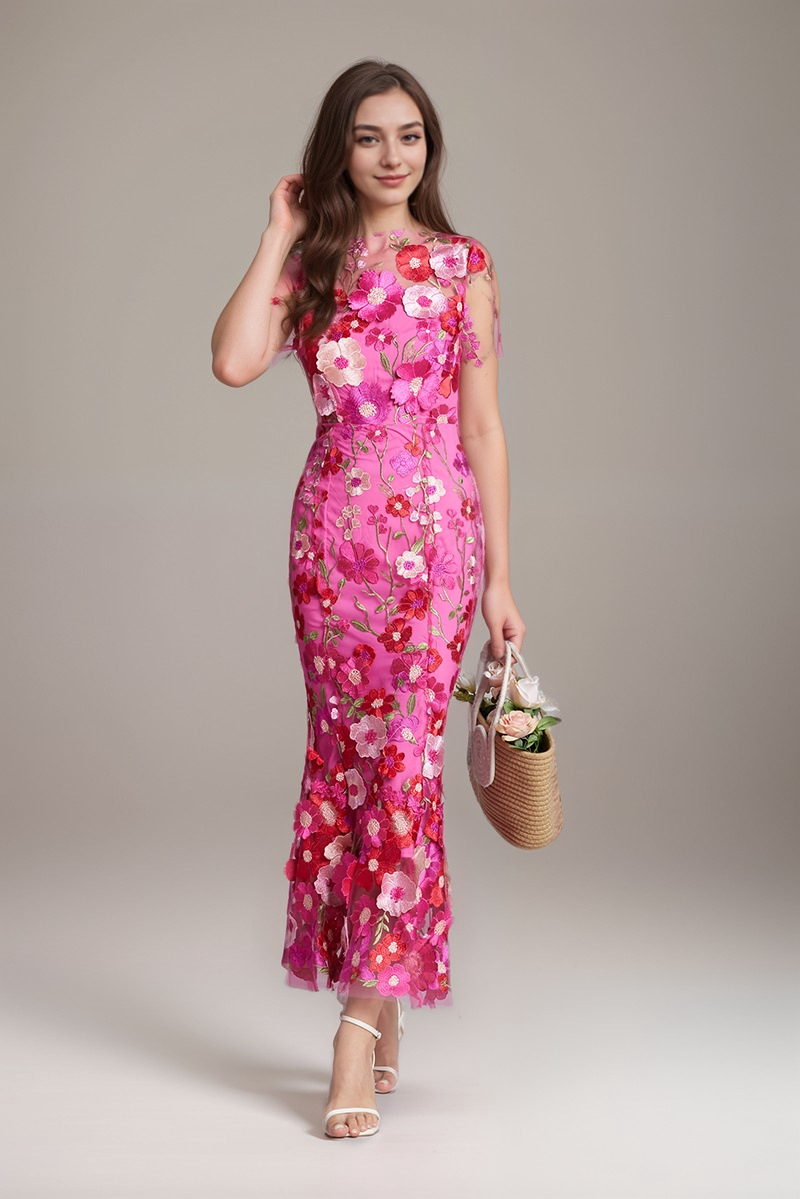 Women Evening Party Dress with Floral Embroidery and Fishtail Maxi Dress