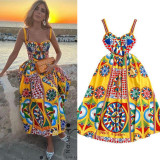 Women Vintage Baroque Strapless Beach Holidays Print Dress