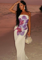 Women summer off-shoulder printed mesh two-layer sexy strapless dress Women summer off-shoulder printed mesh two-layer sexy strapless dress