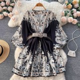 Women Spring French Vintage Print Single-Breasted V-Neck Lantern Sleeve Maxi Dress