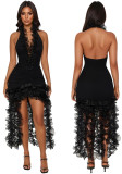 Halter Neck Deep V Solid Color Ruffle Dress