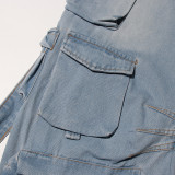 Women Street Denim Washed Cargo Wide-Leg Pants