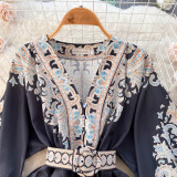 Women Spring French Vintage Print Single-Breasted V-Neck Lantern Sleeve Maxi Dress