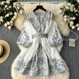 Women Spring French Vintage Print Single-Breasted V-Neck Lantern Sleeve Maxi Dress