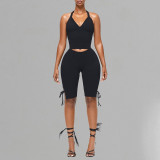Women spring/summer Halter Neck drawstring strapless backless top and bow pants solid two-piece set