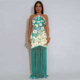 Women Halter Neck Printed Backless Sleeveless Tassel Dress
