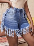 Women trendy sexy tassel button-down denim shorts