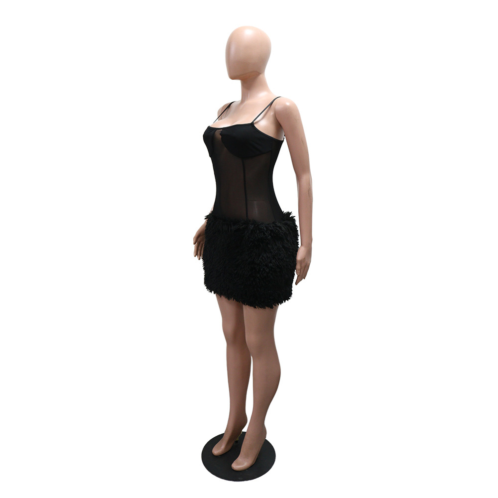 Sheer Patchwork Fuzzy Trim Bodycon Mini Dress
