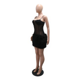 Sheer Patchwork Fuzzy Trim Bodycon Mini Dress