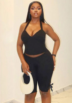 Women spring/summer Halter Neck drawstring strapless backless top and bow pants solid two-piece set