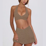 Women Padded Stretch Fitness Halter Neck Top and Skirt Two-Piece Yoga Set