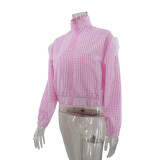Women fall/winter plaid long-sleeved zippered lace bow jacket