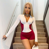 Women Stand Collar Contrast Patchwork Long Sleeve Finger Zipper Top Knot Shorts Two-Piece Set