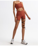 Women Fitness One-Shoulder Tank Yoga Top with Quick-Dry Lace-Up Shorts Two-Piece Set
