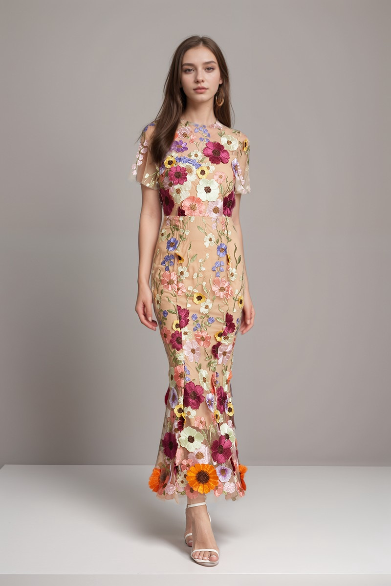 Women Evening Party Dress with Floral Embroidery and Fishtail Maxi Dress