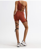 Women Fitness One-Shoulder Tank Yoga Top with Quick-Dry Lace-Up Shorts Two-Piece Set