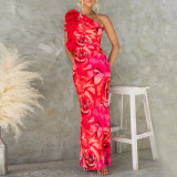 Women Beach Holiday Floral Slash Shoulder Print Dress
