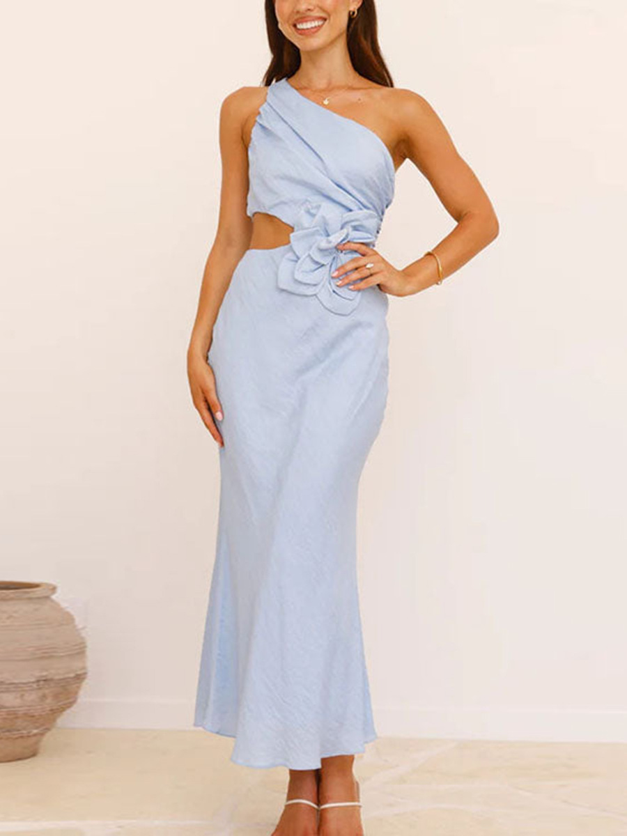 Women French Autumn Slash Shoulder Open-Waist Floral Bodycon Dress