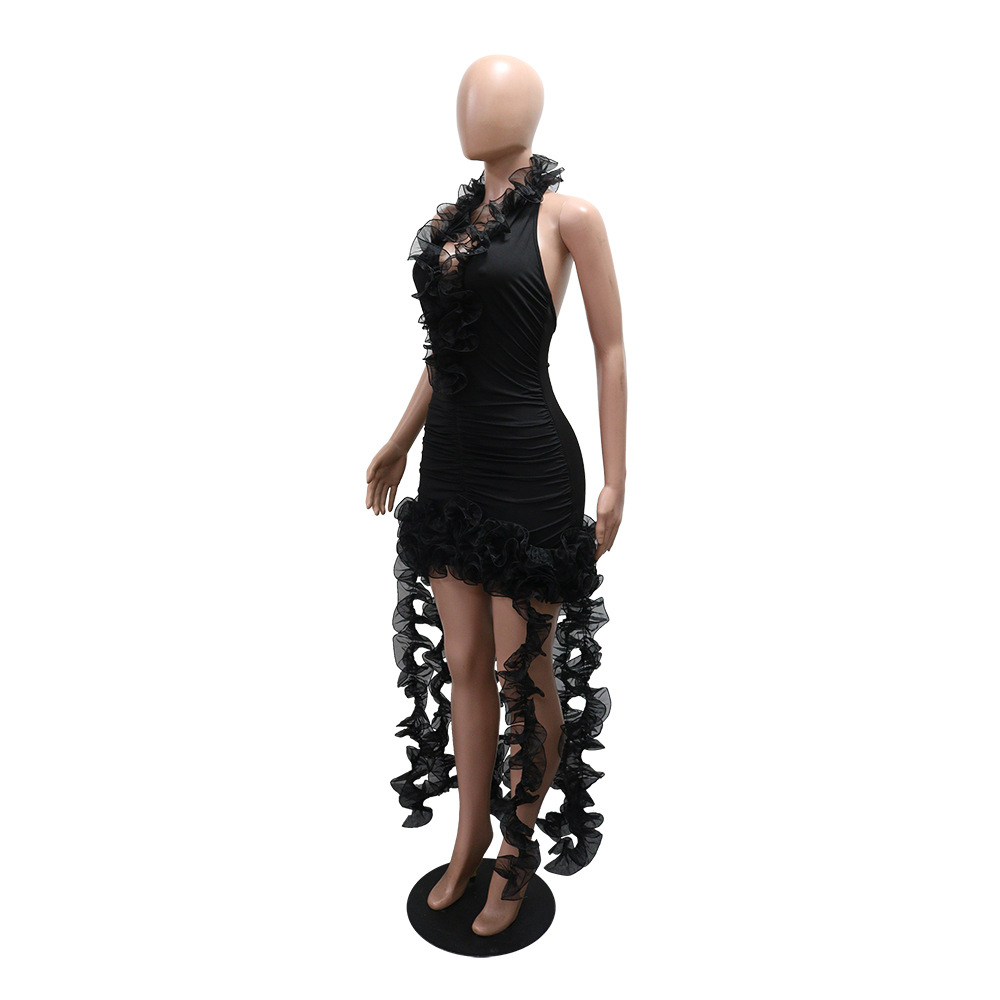 Halter Neck Deep V Solid Color Ruffle Dress