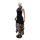 Halter Neck Deep V Solid Color Ruffle Dress