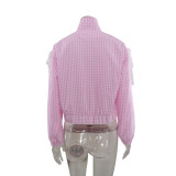 Women fall/winter plaid long-sleeved zippered lace bow jacket
