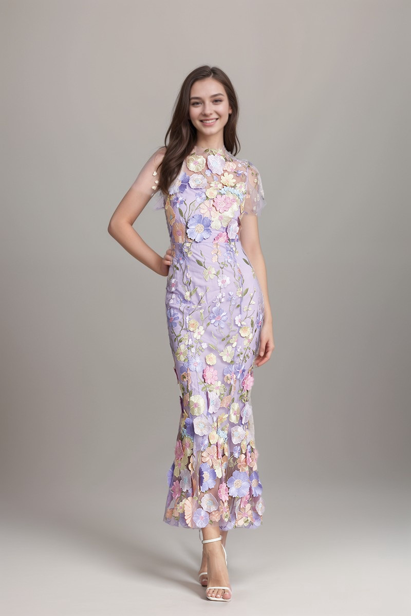 Women Evening Party Dress with Floral Embroidery and Fishtail Maxi Dress