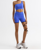 Women Fitness One-Shoulder Tank Yoga Top with Quick-Dry Lace-Up Shorts Two-Piece Set