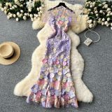 Women Evening Party Dress with Floral Embroidery and Fishtail Maxi Dress