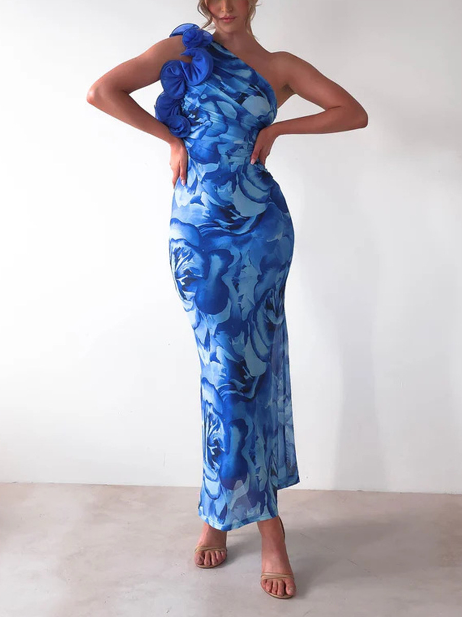 Women Beach Holiday Floral Slash Shoulder Print Dress