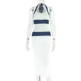 Black White Contrast Halter Dress Patchwork Bodycon Gown