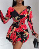 Women floral print V-neck puff sleeve dress
