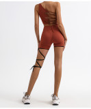 Women Fitness One-Shoulder Tank Yoga Top with Quick-Dry Lace-Up Shorts Two-Piece Set