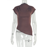 Women Solid Pleated Turtleneck Asymmetrical Top Casual T-Shirt