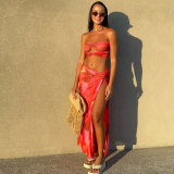 Gradient Print Strapless Low-Rise Bikini with Mesh Skirt 3-Piece Set