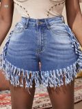 Women trendy sexy tassel button-down denim shorts