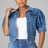 Denim Jacket Puff Sleeves Women's 3/4 Sleeve Coat