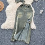 Turn Down Collar Distressed Denim Halter Top Slit Skirt Set