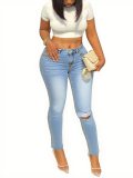 High-Waist Stretch Straight Leg Denim Pants Women's Slim Fit Distressed Jeans