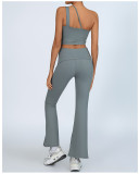 Yoga Set One Shoulder Bra Top High Waist Butt Lifting Flared Pants Set
