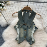 Turn Down Collar Distressed Denim Halter Top Slit Skirt Set