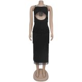 Fashion Sexy Low Back Fringed Maxi Dress Women's Strappy Gown