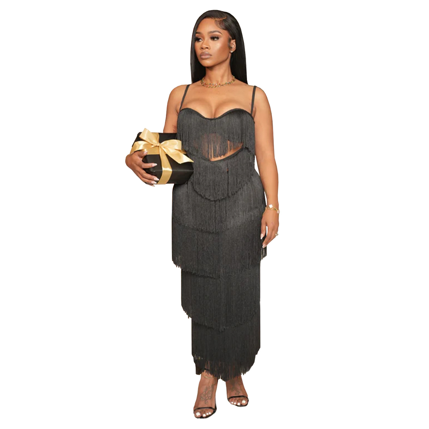 Fashion Sexy Low Back Fringed Maxi Dress Women's Strappy Gown