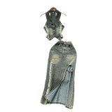 Turn Down Collar Distressed Denim Halter Top Slit Skirt Set