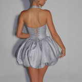 Trendy Casual Summer Halter Neck Bow Tie Puff Dress