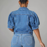 Denim Jacket Puff Sleeves Women's 3/4 Sleeve Coat
