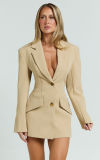 Slim Waist Office Chic Deep V Button Up Blazer Dress